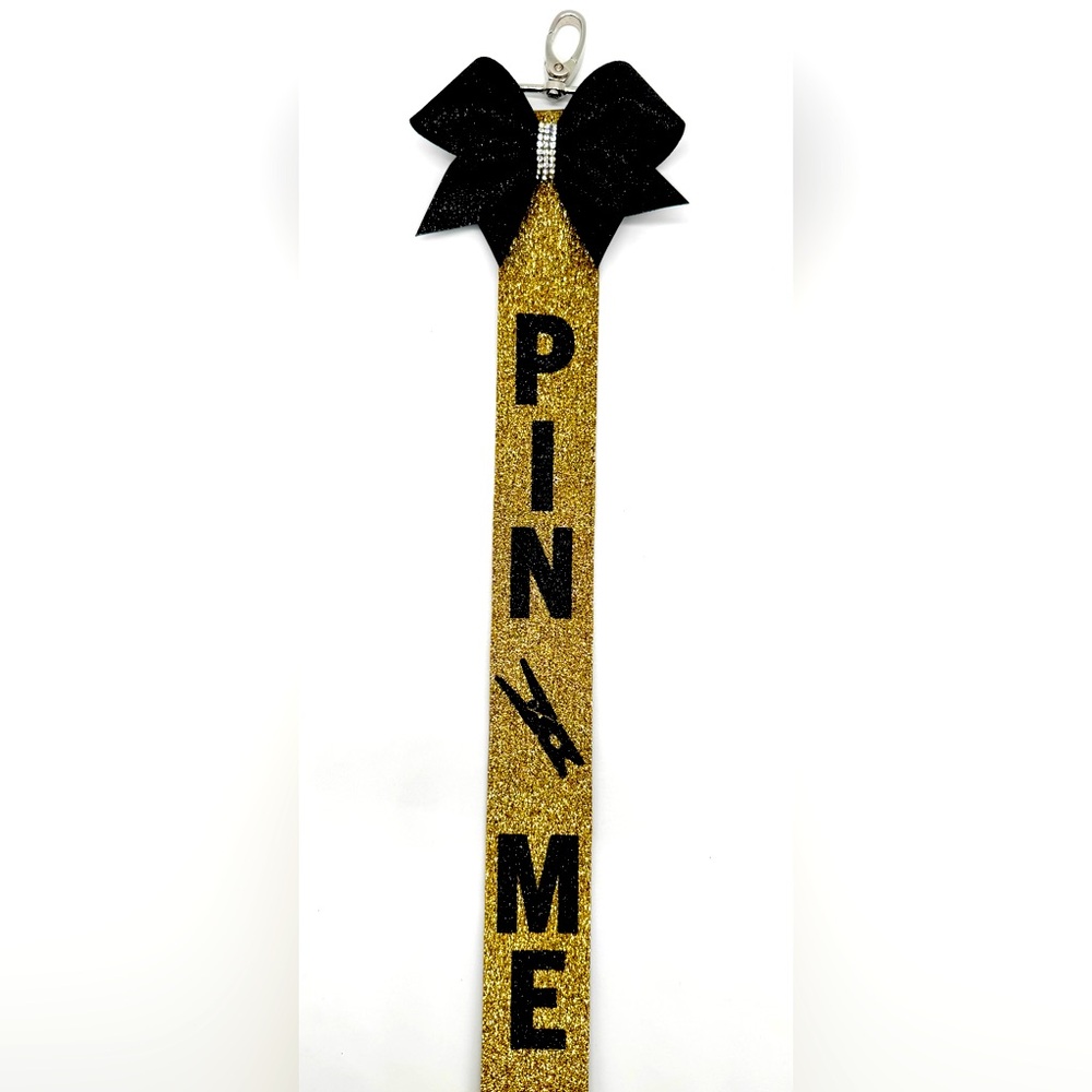 Cheerleading Pin Me Cheer Ribbon, Black & Gold Glitter Backpacks & Comp…